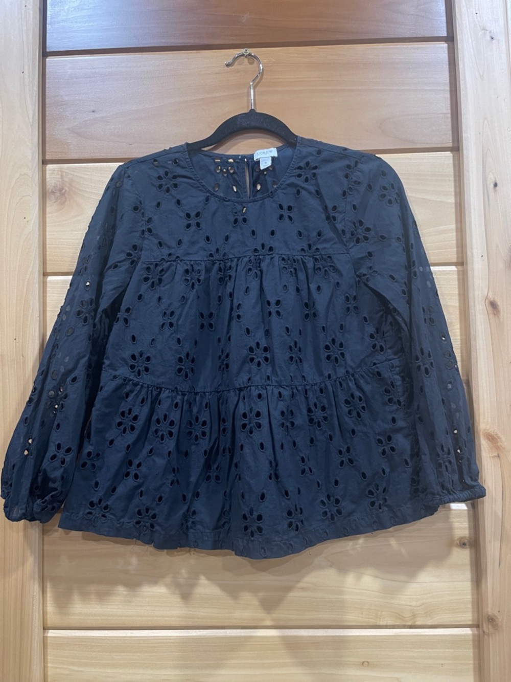 J. Crew Black Eyelet Tiered Long-Sleeve Blouse